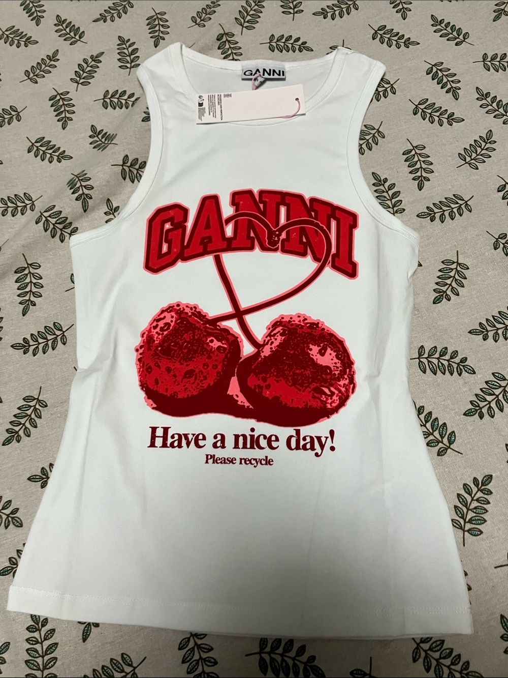 Ganni White Tank with Red Cherry Graphic